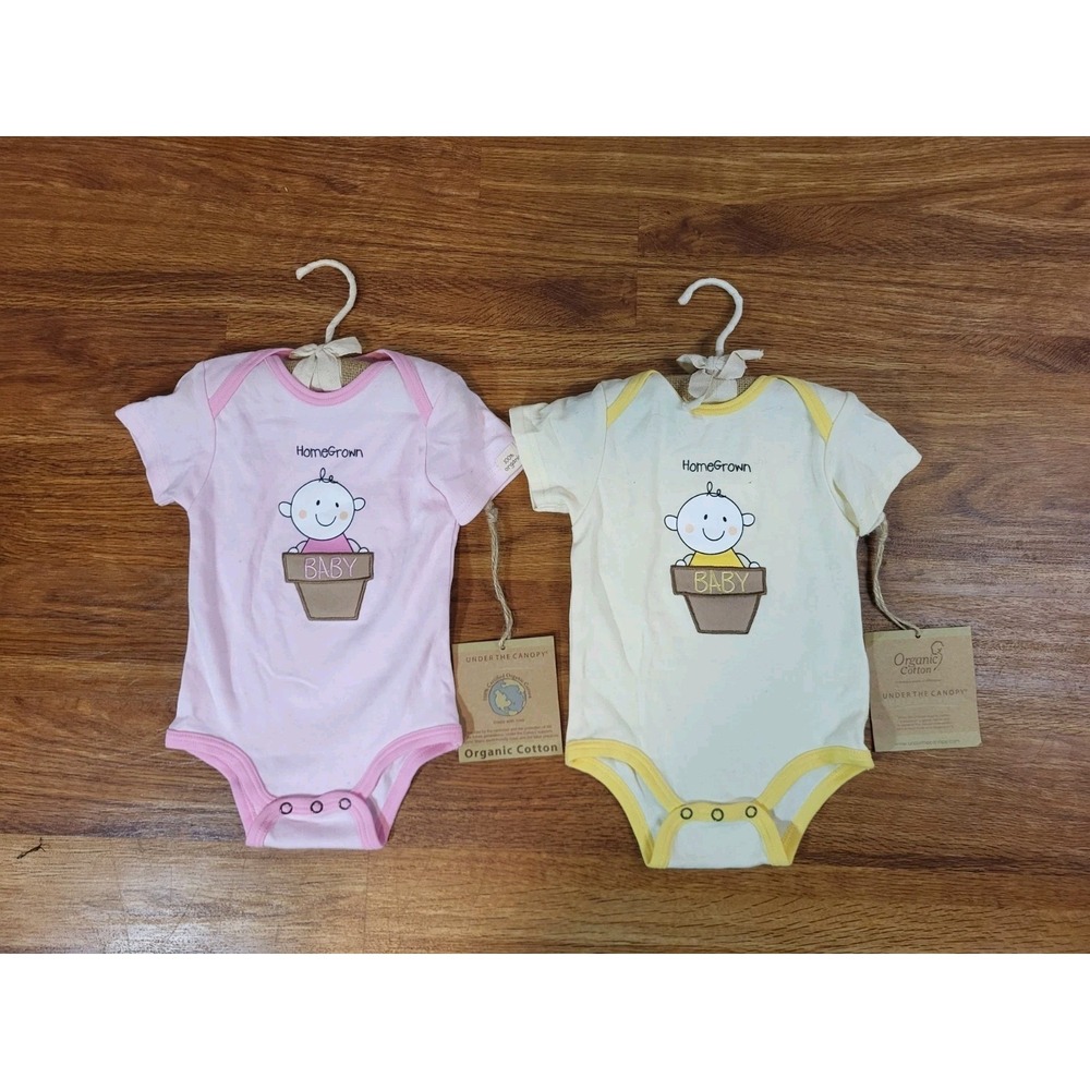 NWT Lot Of 2 Organic Cotton Under The Canopy Pink & Yellow Bodysuits Size 3/6